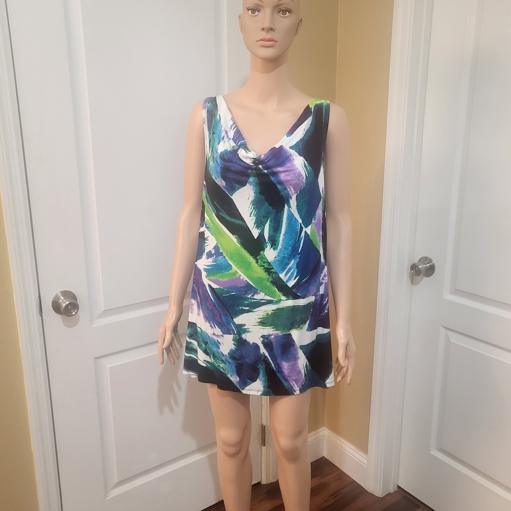 Alyx Sleeveless V-Neck Long Womens's Top in Blue, Green & Purple Abstract Print